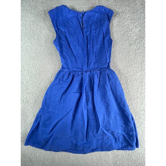 J Crew Dress Womens 0 Linen Royal Blue Pockets Cap Sleeve Fit & Flare Zipper - Picture 7 of 9